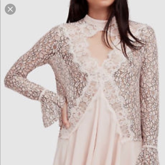 FREE PEOPLE SECRET ORIGINS LACE TUNIC, ROSY CORAL, LONG BELL SLEEVES (NWT) - Picture 3 of 8